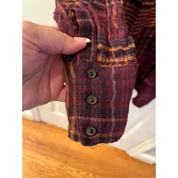 Free People Come On Over Burgundy & Gold Plaid Swing Flannel Over Sized Button D - Picture 6 of 10